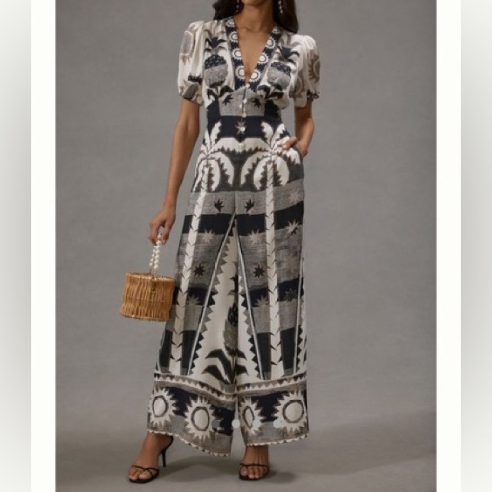 Farm Rio for Anthropologie NWT Puff-Sleeve Linen Jumpsuit size large petite $140